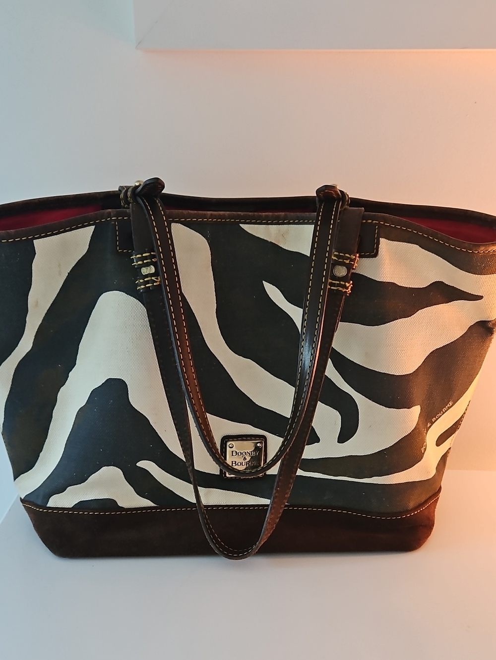 Dooney & Bourke Black and White Zebra-Print Tote with Brown Trim